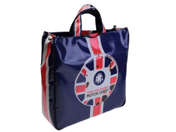 BLUE MAXI TOTE BAG "MOTOR SPIRIT". MODEL AIRSTONE MADE OF LORRY TARPAULIN.