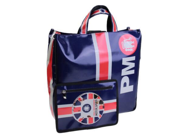 BLUE MAXI TOTE BAG "MOTOR SPIRIT". MODEL AIRSTONE MADE OF LORRY TARPAULIN.