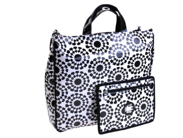 BLACK AND WHITE MAXI TOTE BAG WITH MAJOLICA FANTASY. MODEL AIRSTONE MADE OF LORRY TARPAULIN.