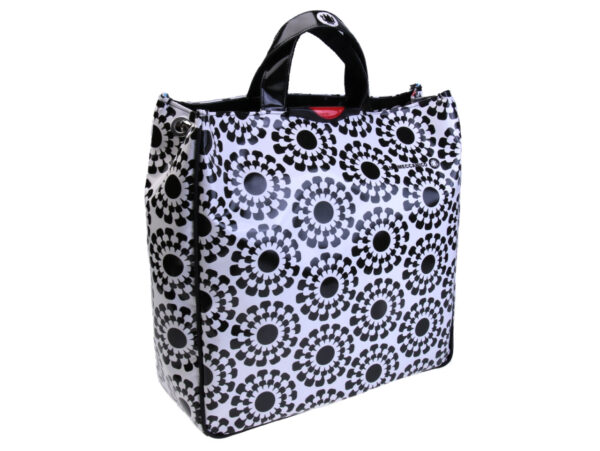BLACK AND WHITE MAXI TOTE BAG WITH MAJOLICA FANTASY. MODEL AIRSTONE MADE OF LORRY TARPAULIN.