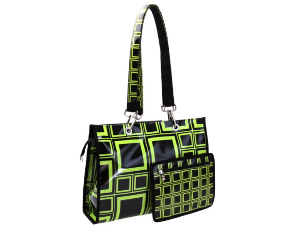 SHOPPER BAG BLACK AND GREEN WITH GEOMETRIC FANTASY. MODEL PEPE MADE OF LORRY TARPAULIN.