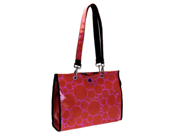 ORANGE AND PINK SHOPPER BAG WITH POIS FANTASY. MODEL PEPE MADE OF LORRY TARPAULIN.