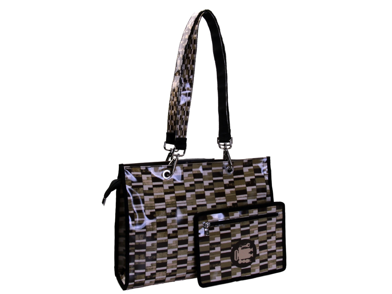 BORSA SHOPPER BEIGE E MARRONE. MODELLO PEPE REALIZZATO CON TELONI DI CAMION.