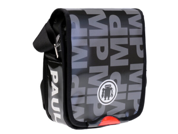 CROSSBODY BAG BLACK FOREST AND GREY COLOURS WITH LETTERING FANTASY. MODEL MIPOK MADE OF LORRY TARPAULIN.