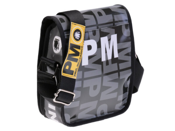 CROSSBODY BAG BLACK FOREST AND GREY COLOURS WITH LETTERING FANTASY. MODEL MIPOK MADE OF LORRY TARPAULIN.