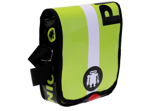 FLUORESCENT GREEN CROSSBODY BAG. MODEL MIPOK MADE OF LORRY TARPAULIN.