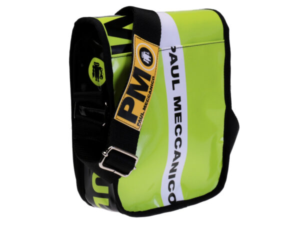 FLUORESCENT GREEN CROSSBODY BAG. MODEL MIPOK MADE OF LORRY TARPAULIN.