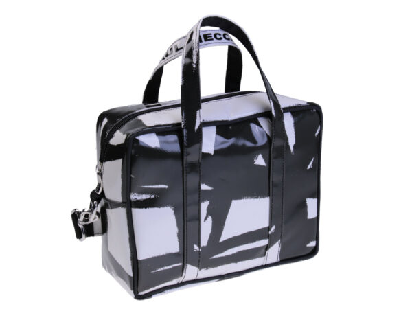 RECTANGULAR WOMEN'S BAG BLACK FOREST AND WHITE COLOURS. MODEL PINCA MADE OF LORRY TARPAULIN.