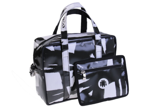 RECTANGULAR WOMEN'S BAG BLACK FOREST AND WHITE COLOURS. MODEL PINCA MADE OF LORRY TARPAULIN.