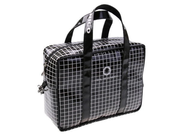BLACK AND WHITE RECTANGULAR WOMEN'S BAG WITH GEOMETRIC FANTASY. MODEL PINCA MADE OF LORRY TARPAULIN.
