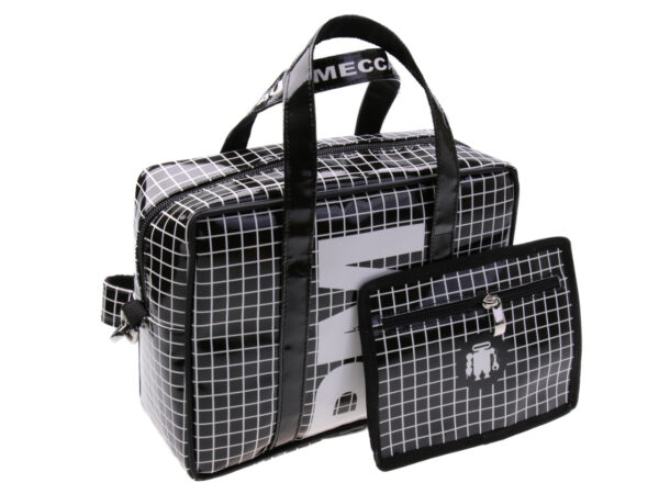 BLACK AND WHITE RECTANGULAR WOMEN'S BAG WITH GEOMETRIC FANTASY. MODEL PINCA MADE OF LORRY TARPAULIN.