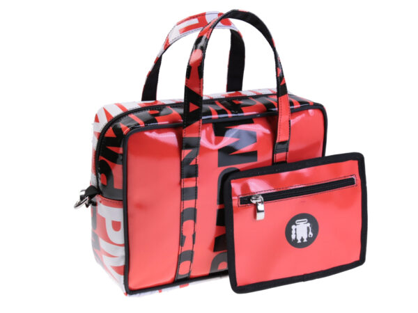 RED RECTANGULAR WOMEN'S BAG. MODEL PINCA MADE OF LORRY TARPAULIN.
