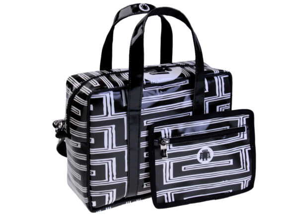 BLACK AND WHITE RECTANGULAR WOMEN'S BAG WITH GEOMETRIC FANTASY. MODEL PINCA MADE OF LORRY TARPAULIN.