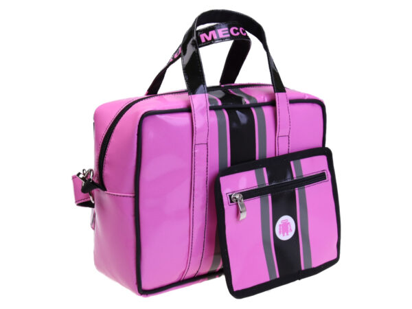 PINK RECTANGULAR WOMEN'S BAG. MODEL PINCA MADE OF LORRY TARPAULIN.