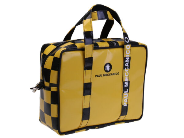 RECTANGULAR WOMEN'S BAG YELLOW WITH BLACK. MODEL PINCA MADE OF LORRY TARPAULIN.