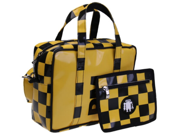RECTANGULAR WOMEN'S BAG YELLOW WITH BLACK. MODEL PINCA MADE OF LORRY TARPAULIN.