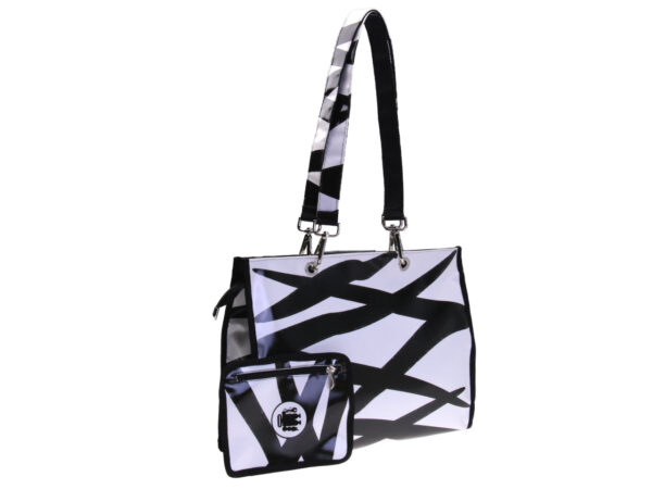 BLACK AND WHITE SHOPPER BAG. MODEL PEPE MADE OF LORRY TARPAULIN.