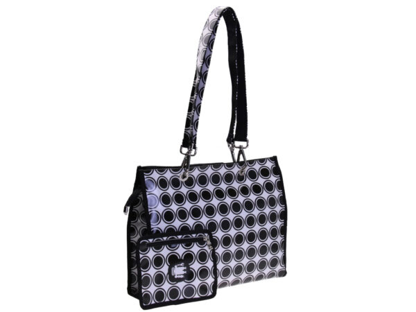 BLACK AND WHITE SHOPPER BAG WITH CIRCLES. MODEL PEPE MADE OF LORRY TARPAULIN.