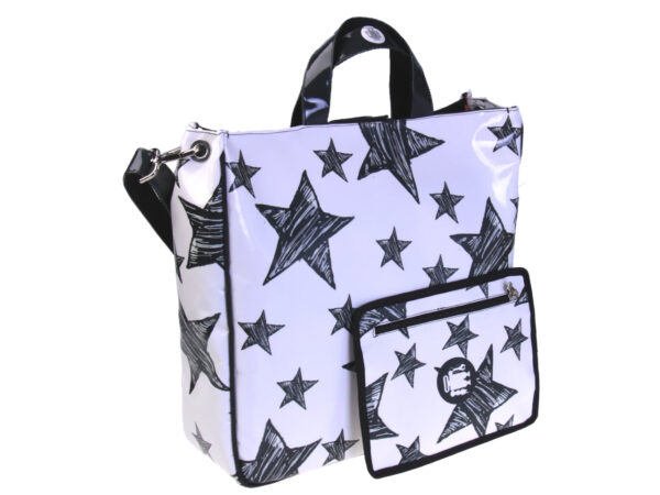 WHITE MAXI TOTE BAG "STARS". MODEL AIRSTONE MADE OF LORRY TARPAULIN.