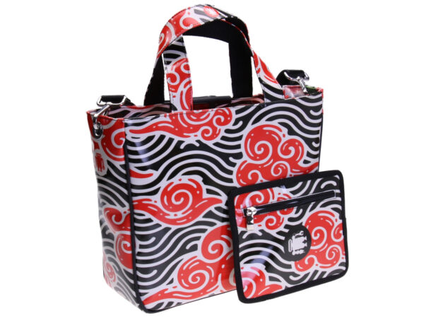 TOTE BAG BLACK, WHITE AND RED COLOURS "JAPANESE STYLE". MODEL GLAM MADE OF LORRY TARPAULIN.