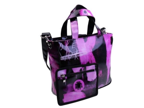 TOTE BAG BLACK AND LILAC WITH GRAFFITI FANTASY. MODEL GLAM MADE OF LORRY TARPAULIN.