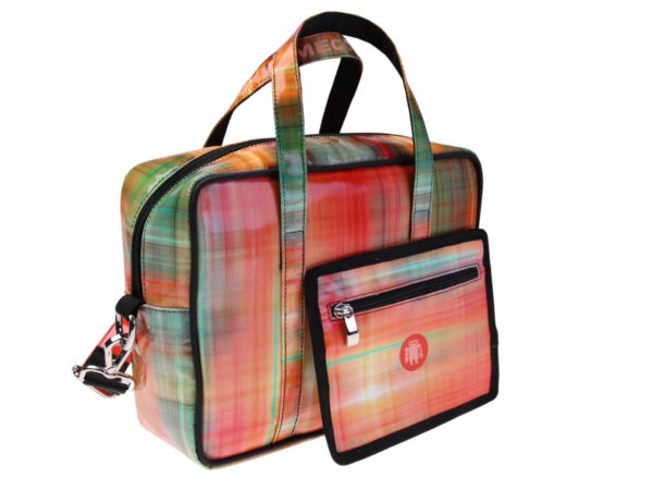 ....GREEN AND ORANGE RECTANGULAR WOMEN'S BAG WITH TIE DYE FANTASY. MODEL PINCA MADE OF LORRY TARPAULIN.