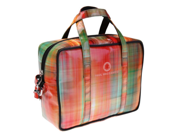 ....GREEN AND ORANGE RECTANGULAR WOMEN'S BAG WITH TIE DYE FANTASY. MODEL PINCA MADE OF LORRY TARPAULIN.