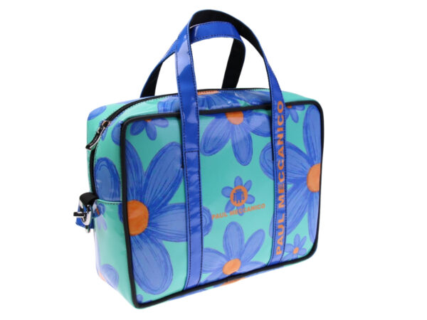 ....WATER GREEN RECTANGULAR WOMEN'S BAG WITH FLORAL FANTASY. MODEL PINCA MADE OF LORRY TARPAULIN.