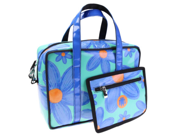 ....WATER GREEN RECTANGULAR WOMEN'S BAG WITH FLORAL FANTASY. MODEL PINCA MADE OF LORRY TARPAULIN.
