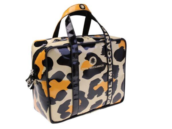 ....WOMEN'S BAG BEIGE, BLACK AND YELLOW COLOURS WITH ANIMALIER FANTASY. MODEL PINCA MADE OF LORRY TARPAULIN.
