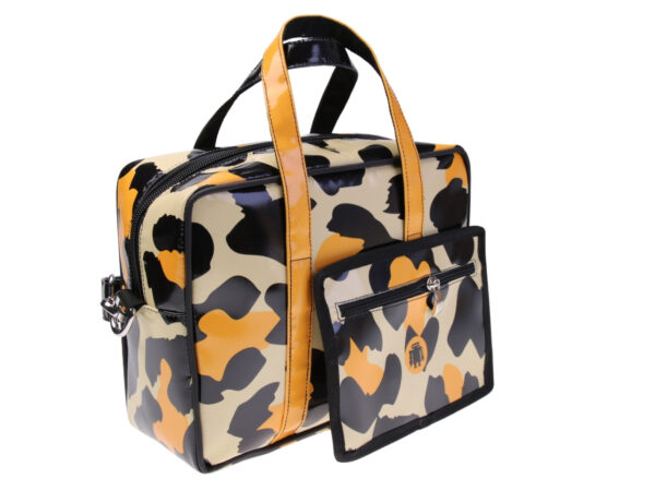 ....WOMEN'S BAG BEIGE, BLACK AND YELLOW COLOURS WITH ANIMALIER FANTASY. MODEL PINCA MADE OF LORRY TARPAULIN.