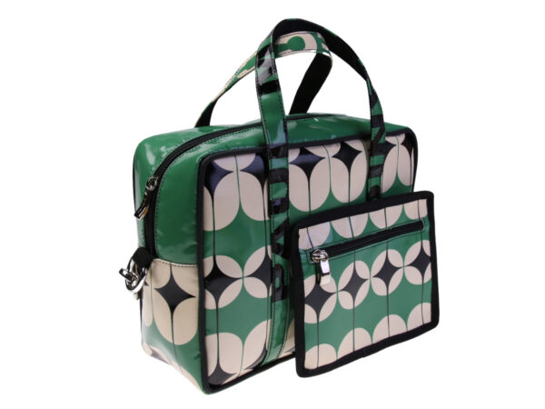 ....GREEN WOMEN'S BAG WITH GEOMETRIC FANTASY. MODEL PINCA MADE OF LORRY TARPAULIN.