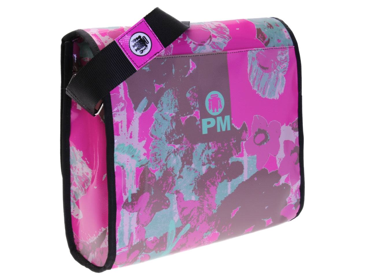 BORSA CROSSBODY VERDE E ROSA FANTASIA FLOREALE. MODELLO DI ROTTURA REALIZZATO CON TELONI DI CAMION.