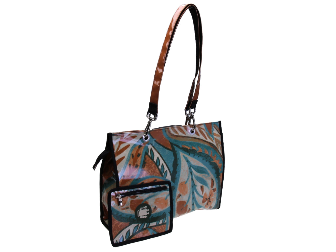 BORSA SHOPPER BLU CHIARO, BEIGE E MARRONE CON FANTASIA FLOREALE. MODELLO PEPE REALIZZATO CON TELONI DI CAMION.