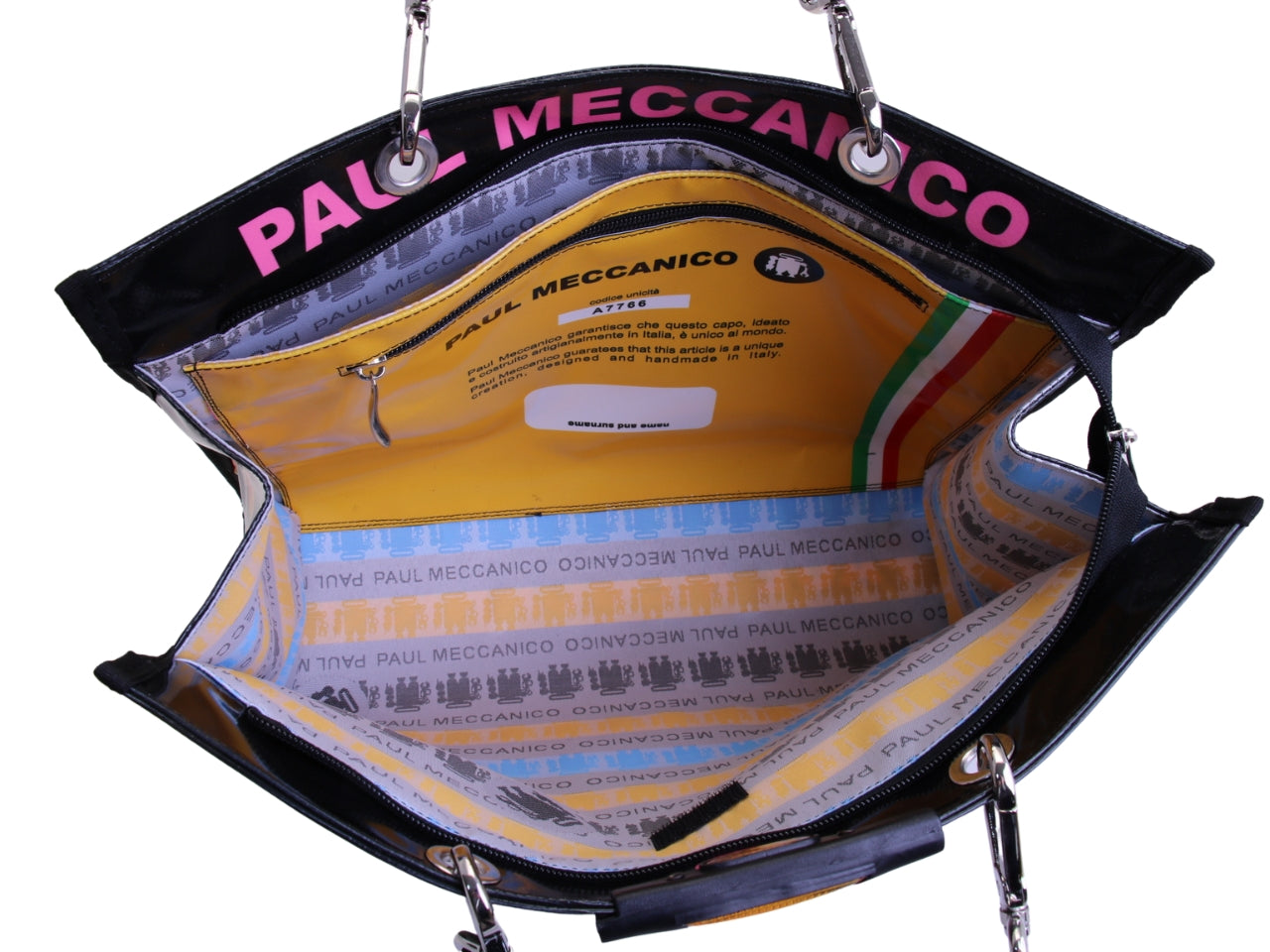 BORSA SHOPPER NERA CON FANTASIA FLOREALE. MODELLO PEPE REALIZZATO CON TELONI DI CAMION.