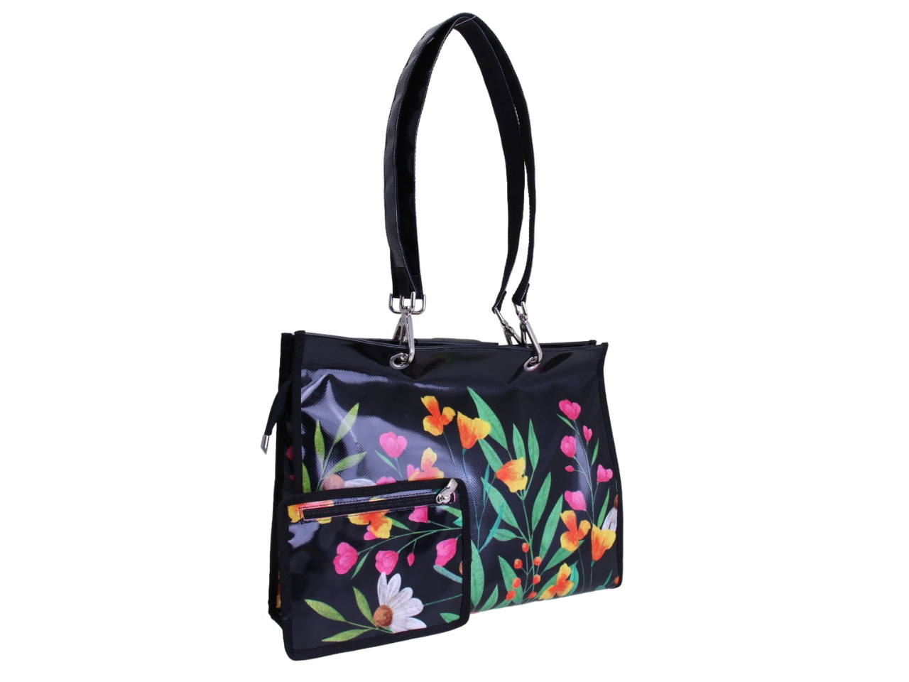 BORSA SHOPPER NERA CON FANTASIA FLOREALE. MODELLO PEPE REALIZZATO CON TELONI DI CAMION.