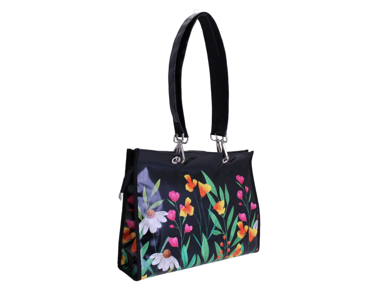 BORSA SHOPPER NERA CON FANTASIA FLOREALE. MODELLO PEPE REALIZZATO CON TELONI DI CAMION.