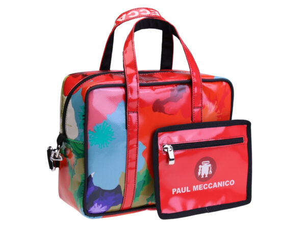 ....RED RECTANGULAR WOMEN'S BAG WITH FLORAL FANTASY. MODEL PINCA MADE OF LORRY TARPAULIN.