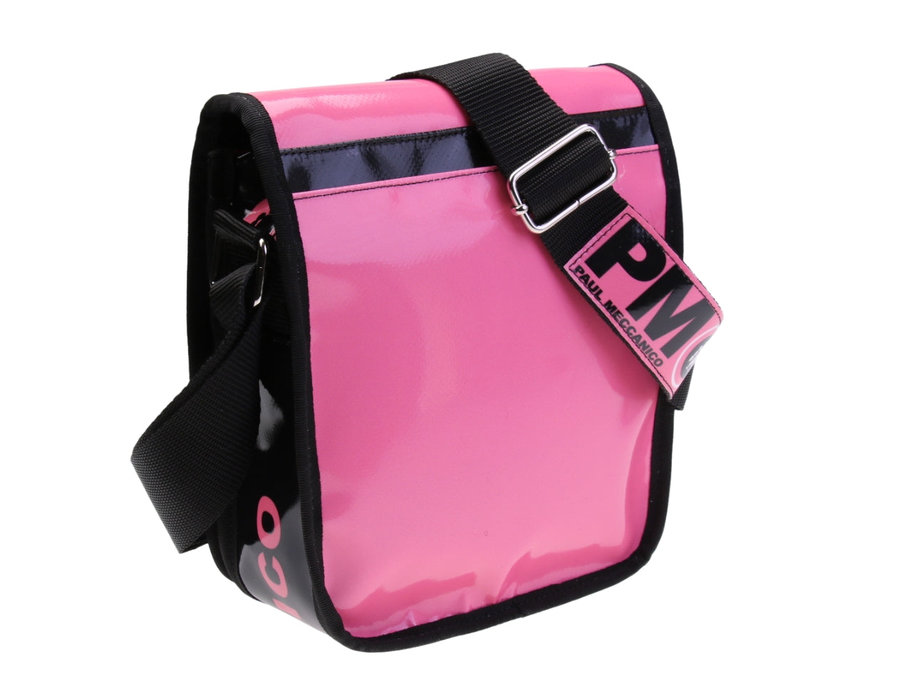BORSA CROSSBODY NEI COLORI ROSA E NERO. MODELLO MIPOK REALIZZATO IN TELONE DA CAMION.