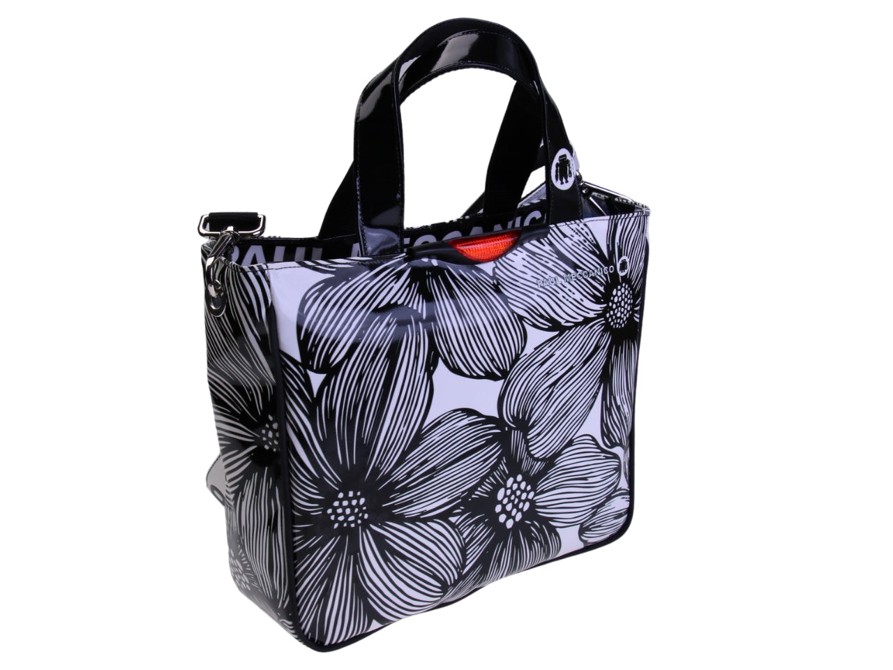 .BLACK AND WHITE TOTE BAG WITH FLORAL FANTASY . MODEL GLAM MADE OF LORRY TARPAULIN.