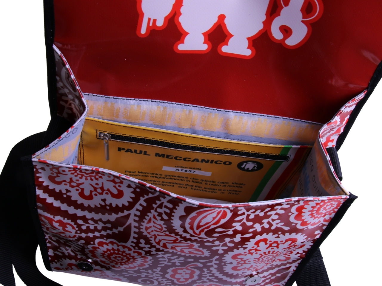 BORSA CROSSBODY ROSSA CON FANTASIA MAIOLICA. MODELLO BREAK REALIZZATO CON TELONI DI CAMION.