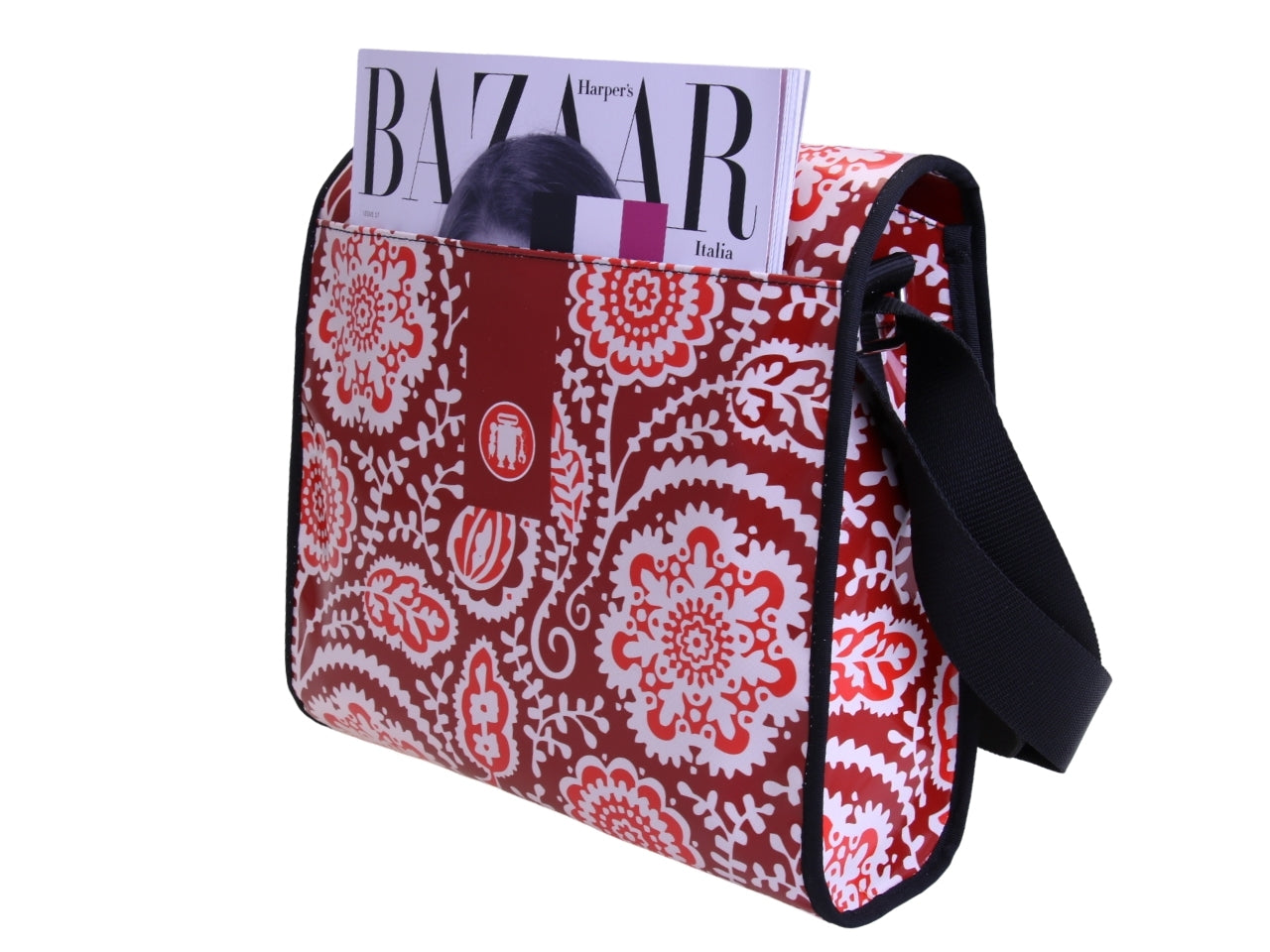 BORSA CROSSBODY ROSSA CON FANTASIA MAIOLICA. MODELLO BREAK REALIZZATO CON TELONI DI CAMION.