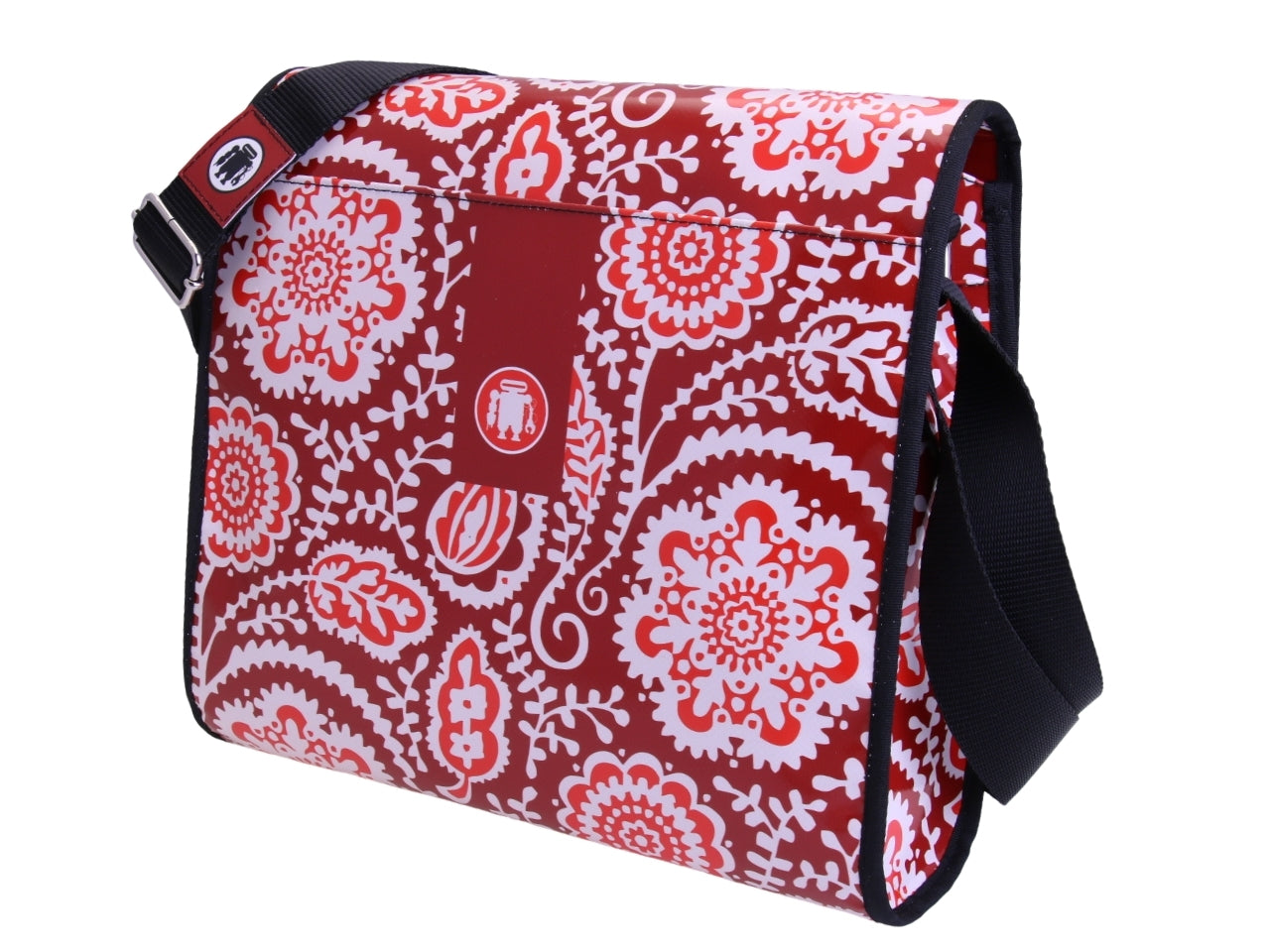 BORSA CROSSBODY ROSSA CON FANTASIA MAIOLICA. MODELLO BREAK REALIZZATO CON TELONI DI CAMION.