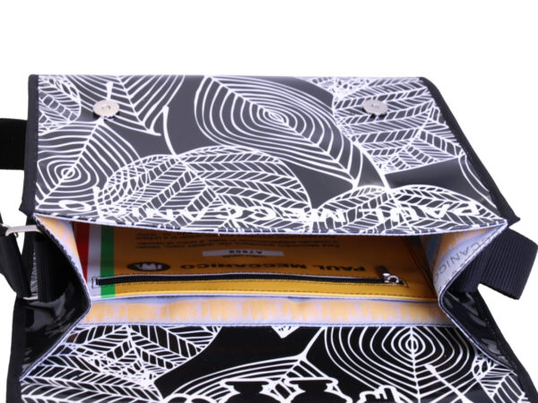 _ CROSSBODY BAG BLACK & WHITE WITH FLORAL FANTASY. MODEL BREAK MADE OF LORRY TARPAULIN.