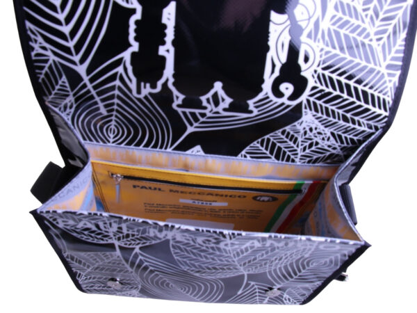 _ CROSSBODY BAG BLACK & WHITE WITH FLORAL FANTASY. MODEL BREAK MADE OF LORRY TARPAULIN.