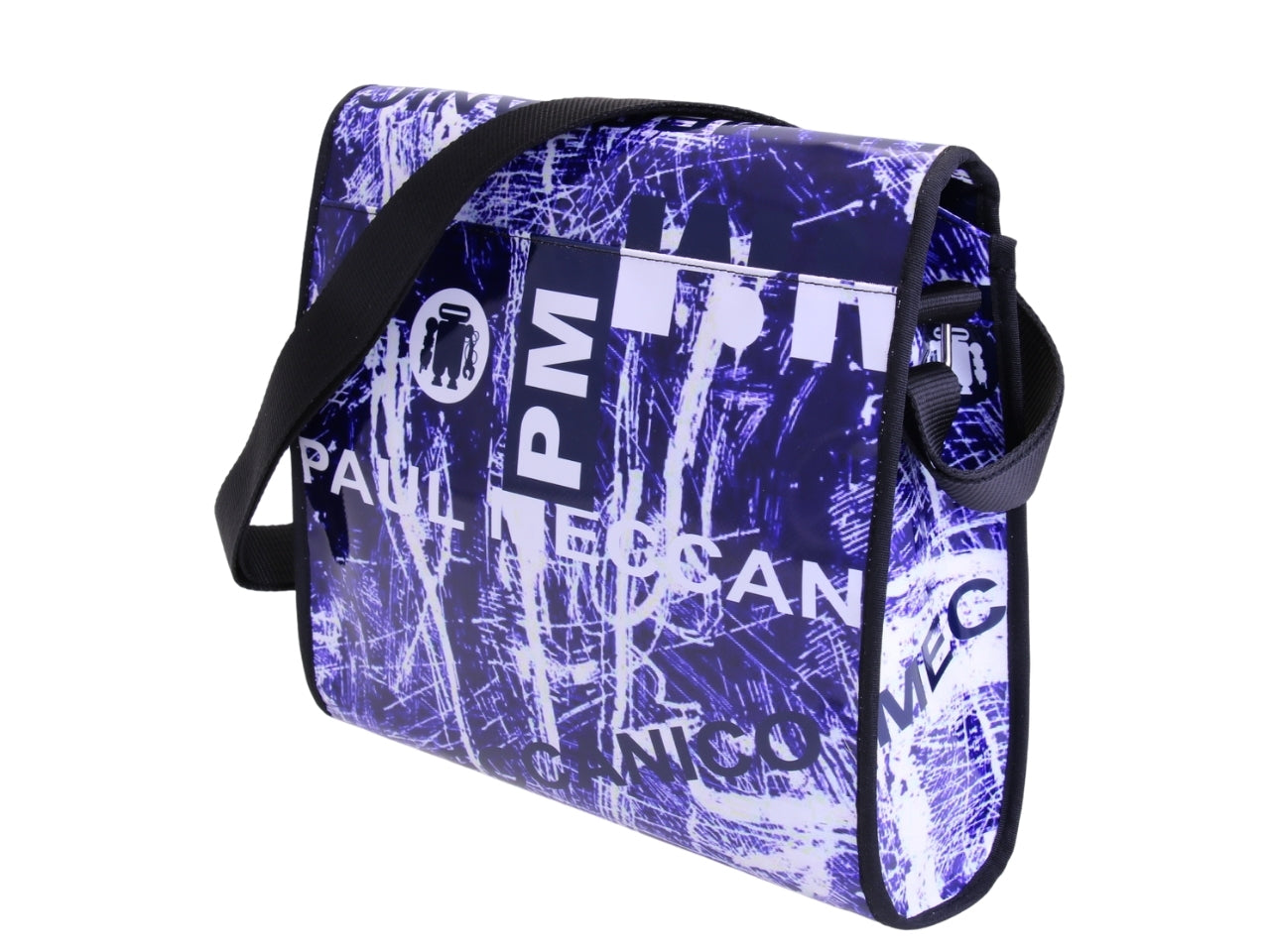 BORSA CROSSBODY BLU E BIANCA CON FANTASIA GRAFFITI. MODELLO DI ROTTURA REALIZZATO CON TELONI DI CAMION.