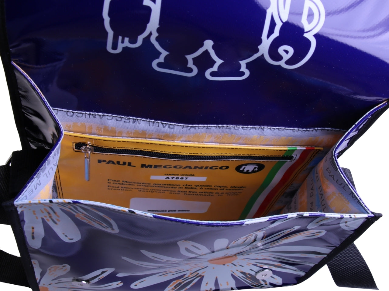 BORSA CROSSBODY BLU CON FANTASIA FLOREALE. MODELLO DI ROTTURA REALIZZATO CON TELONI DI CAMION.