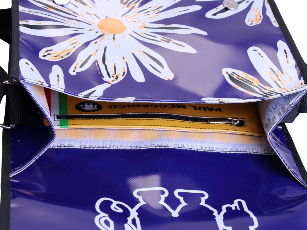 BORSA CROSSBODY BLU CON FANTASIA FLOREALE. MODELLO DI ROTTURA REALIZZATO CON TELONI DI CAMION.