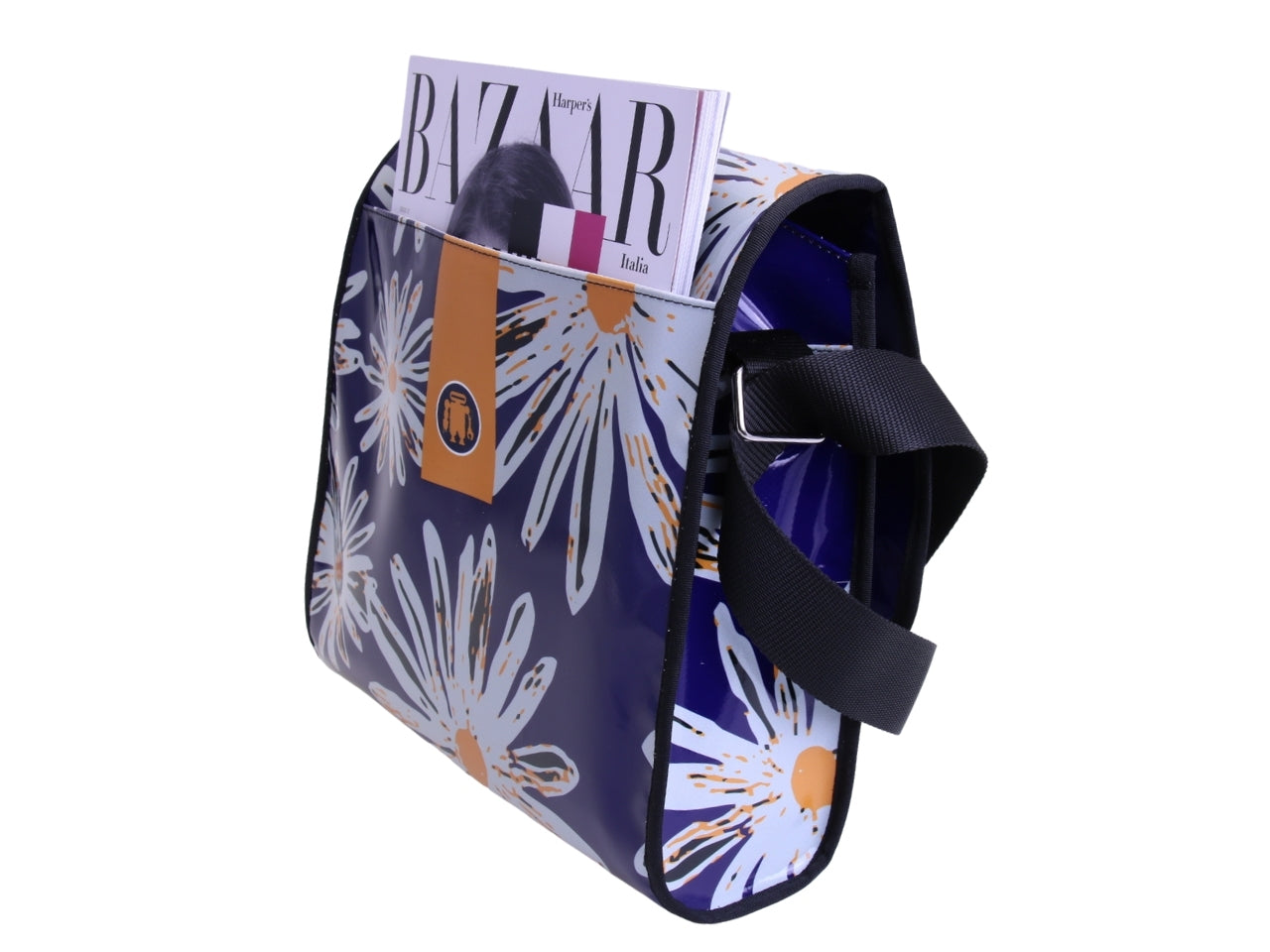 BORSA CROSSBODY BLU CON FANTASIA FLOREALE. MODELLO DI ROTTURA REALIZZATO CON TELONI DI CAMION.