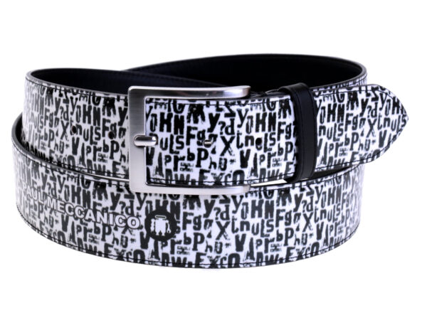 BLACK AND WHITE MEN'S BELT WITH LETTERING FANTASY MADE OF LORRY TARPAULIN.